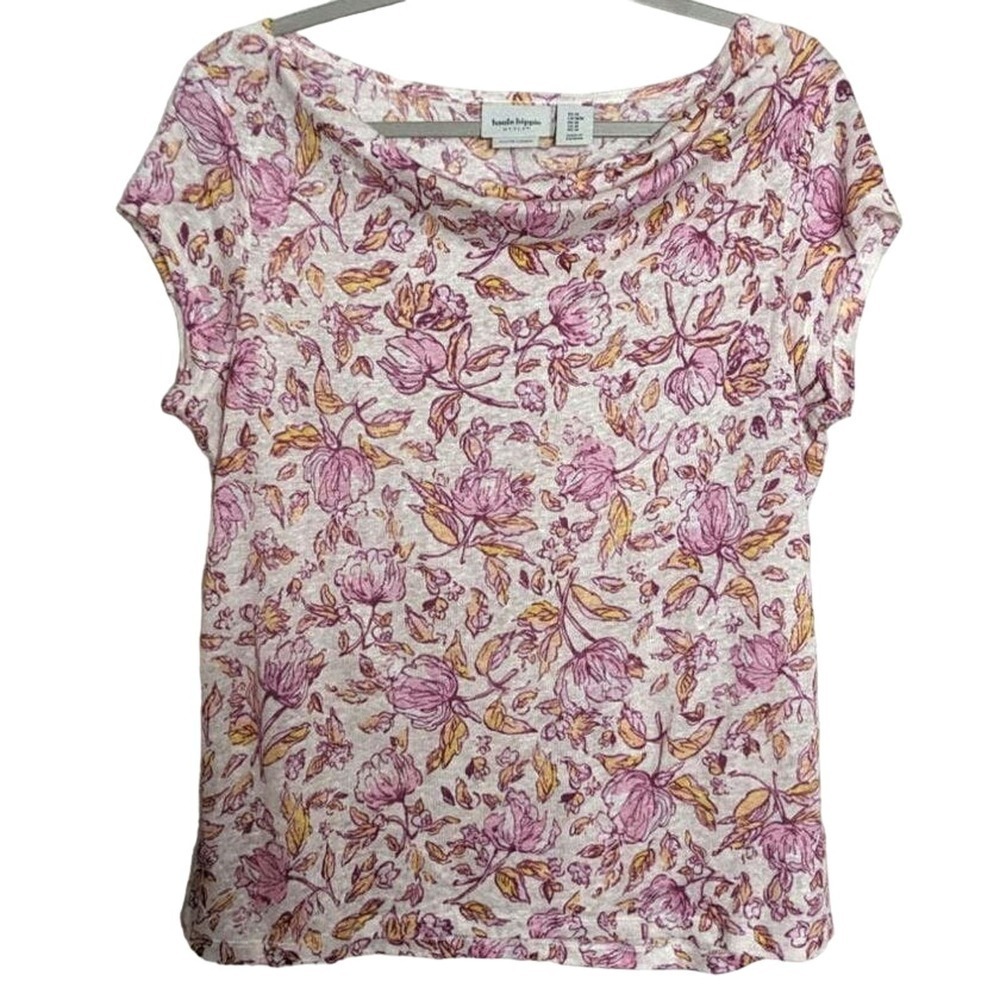 Haute Hippie 100% Linen Short Sleeve Rollover Neckline Floral Print T-shirt M